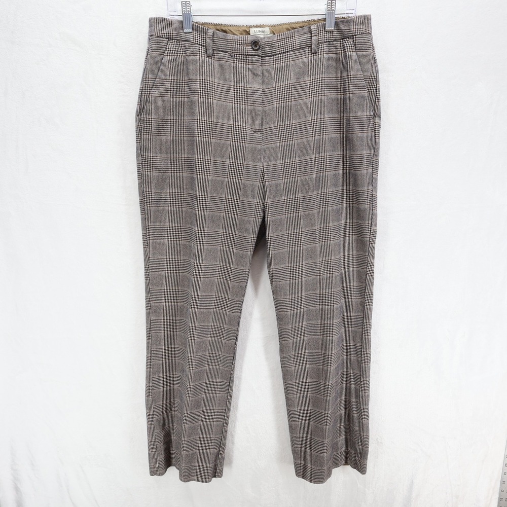 LL Bean Classic Fit Plaid Trousers Brown Glen Check Lined Pants Womens 14 Reg